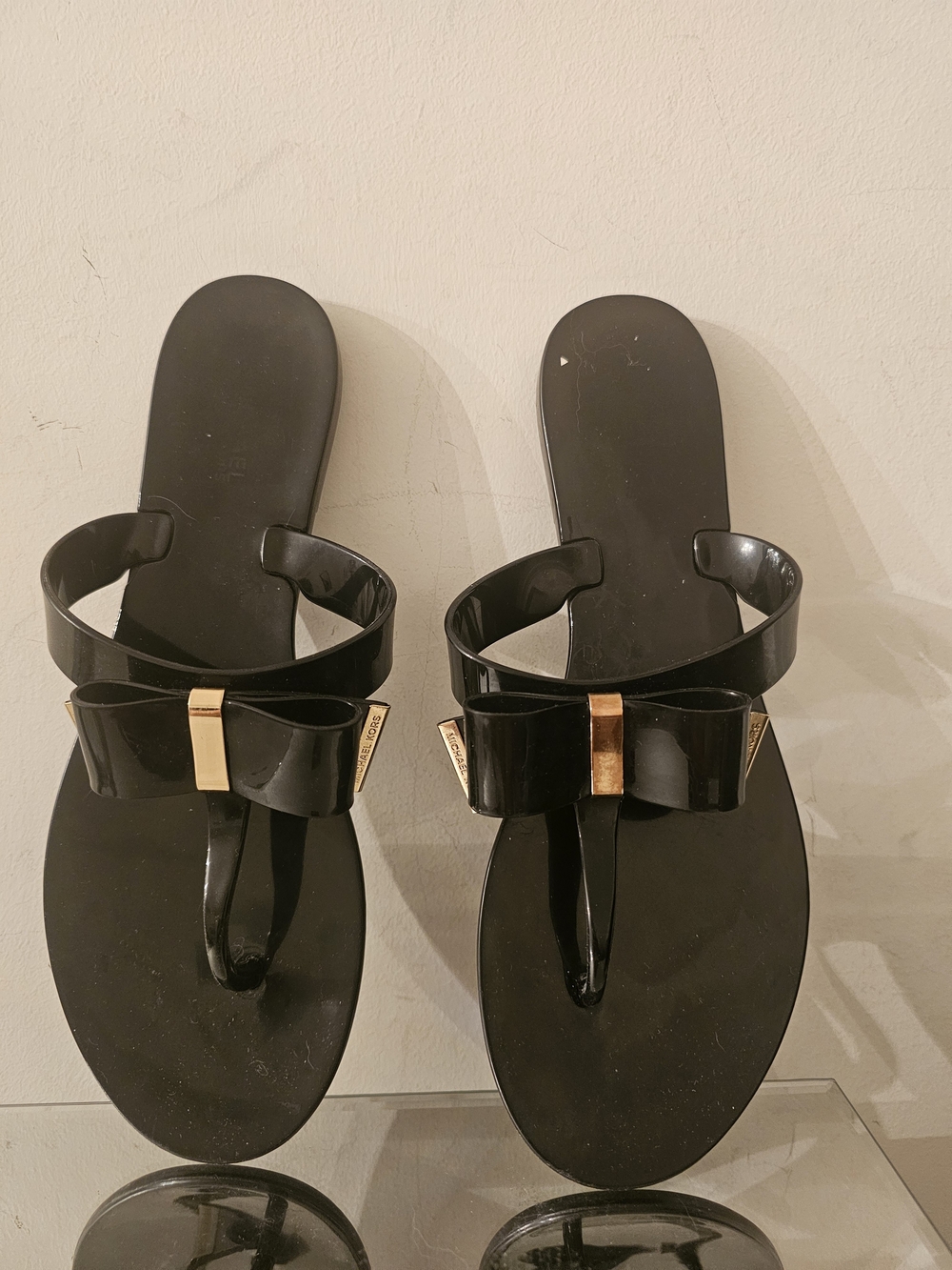 Michael Kors Black Bow Toe-Post Sandals with Gold Accent